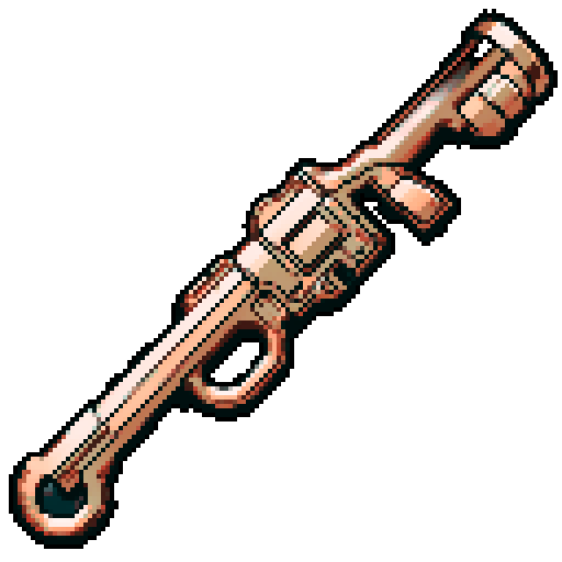 I want a copper structure reminiscent of a mounted weapon of some sort seen from a head on two dimensional perspective. The design should be relatively simple. I also want this object usable as an asset in a videogame, meaning only one object per image, outlined with a strong black stroke, on a solid-color background.