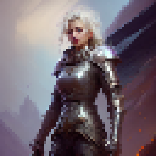 Blonde female knight, stoic expression, medieval armor, wielding a gleaming sword, standing on top of a rocky cliff with stormy clouds in the background, depicted in a realistic art style.