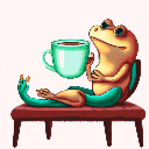 In the cozy ambiance of a dimly lit room, a small, jovial frog perches comfortably upon a plush couch chair, its diminutive size emphasized by the vastness of the furniture. The flickering flames of a nearby fireplace cast a warm glow, enveloping the space in a soft, golden light, creating an atmosphere of comfort and relaxation. With a mug clasped delicately between its tiny webbed fingers, the contented frog takes a sip of steaming coffee, its expression reflecting pure bliss.