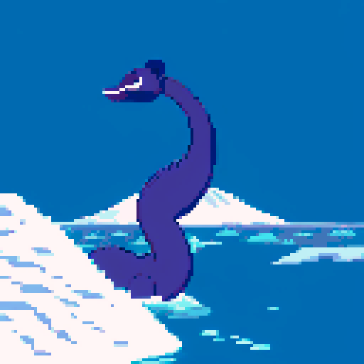 Large purple smiling loch ness monster silhouette swimming, poking its head out of frozen lake, winter, monkey on top