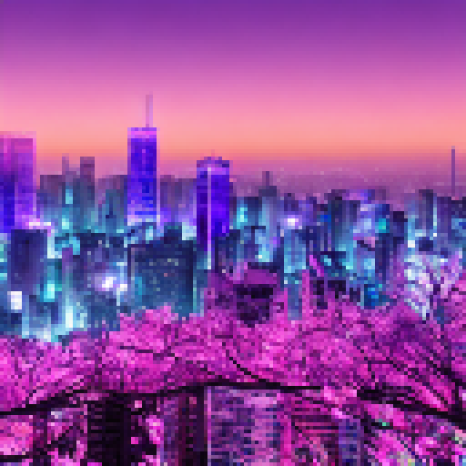 Syntwave cityscape with glowing purple neon lights and towering buildings juxtaposed against a backdrop of blooming sakura flowers.