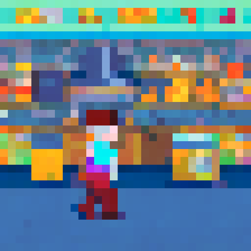 generate a sprite of a character walking left to right, then checking the fridge (fridge should be empty), then doing grocery,  then adding items to the cart and then checking out the items, then paying for the items with coins, then dicing vegetables, then boiling items, then mixing food, then serving food, then eating food, and then the character should be full.
