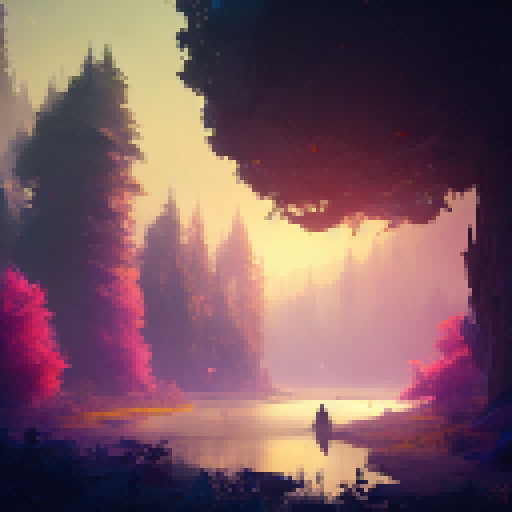 "Shaded clearing in a vividly-lit forest with a babbling creek and colorful flowers, rendered in a highly-detailed, cinematic style."