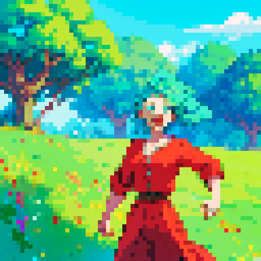 person wearing a vibrant red shirt, pressing a glowing turquoise video game button with excitement, surrounded by lush green grass and a clear blue sky, all depicted in a pixel art style with vivid sRGB colors