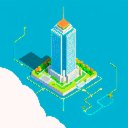 Isometric view, Large city, tall skyscrapers, many buildings, green grass parks, bird's eye view