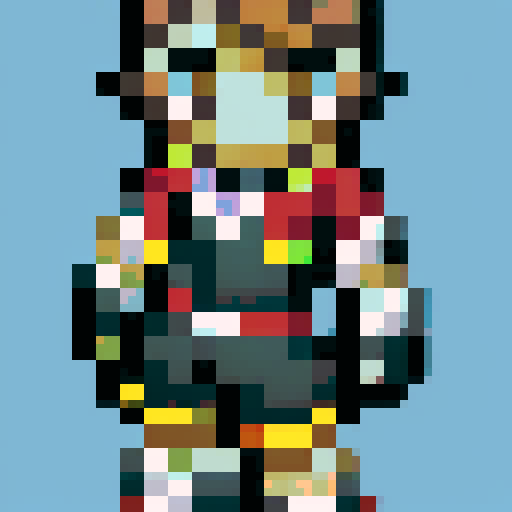 Wavy light blonde hair, purple eyes, zipped up orange jacket with bluish-green accents, grey pants, dark grey and orange colored shoes, vibrant sRGB pixel art style with meticulous pixel placement