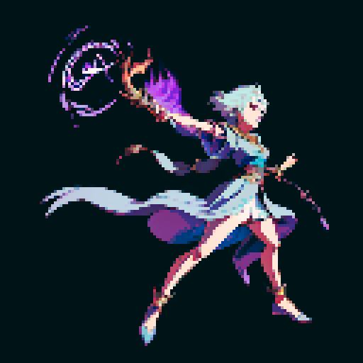full-body image, sorceress facing right, sorceress ready to fight, evil sorceress, floating, arms out, magic circles, magic power, spell, evil sorceress, evil witch, magic symbols, ultimecia, final fantasy, sRGB, pixel art