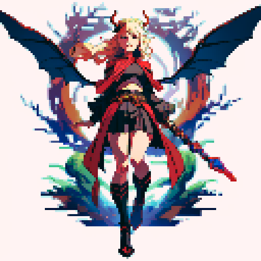 full-body image, one winged demon, sexy male, horns, sword, sRGB, pixel art