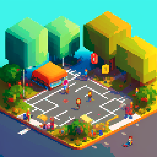 junky in street, vibrant happy people, colorful surroundings, pixel art