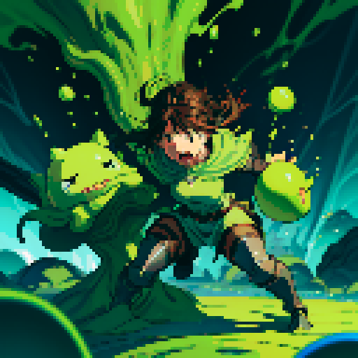 slime surging up around someone, slime engulfing a hero, slime consuming a hero, hero getting engulfed by slime, slime attack, dynamic, slime slamming into someone, impact, splashing slime, full-body image, full-body art, metal armor, brown hair