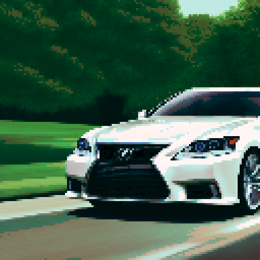 Photorealistic whole Lexus LS, three-quarter view, right front wheel, clean background, sRGB colors, pixel art style, landscape background