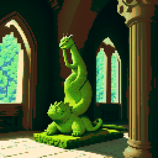 a live green basilisk surrounded by stone statues in a castle hall