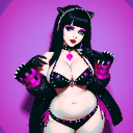 curvy busty goth, cute goth woman, with black hair, purple eyeshadow, and red lipstick, wearing a bikini, studded collar, beauty photo, glamour shot, sRGB color