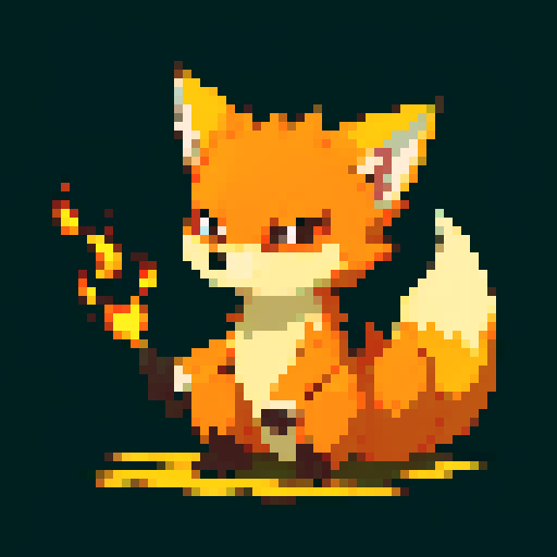 I'm creating a creature tamer video game. I'm doing the fire type starter 'mon'. It will have 3 stages. This is the smaller less powerful stage 1. It has 4 legs, and is fox or dog like in appearence. The type of 'mon' a boy would choose. It's ears are made of fire.