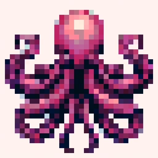 "Pixel art of a kraken with a retro, arcade-style aesthetic. The tentacles are symmetrical or wavy, with a blocky 8-bit style. Include a minimal background, such as plain white. The design evokes the feel of classic Space Invaders or retro video game creatures."