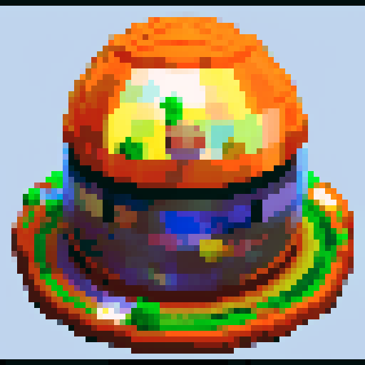 A sphere spaceship shaped like a gachapon with a clear window top. through the top window is an orange cat. cute