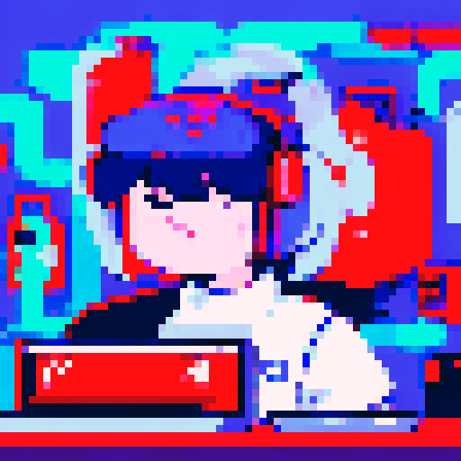 Hacker typing furiously on a retro computer, surrounded by neon lights and futuristic technology, with a pixel art cityscape in the background