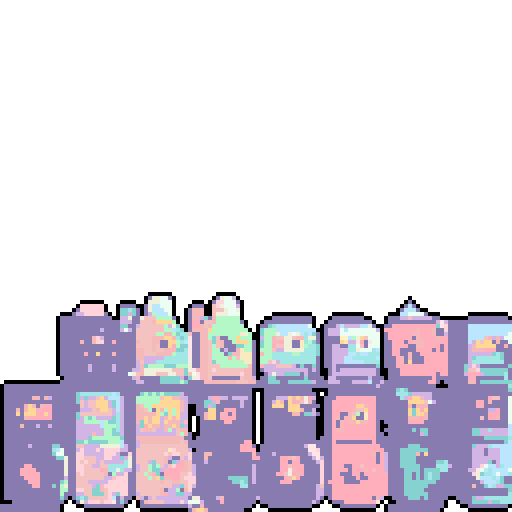 16 abstractly cute designed 14x15 pixel books in pastel tones, each with a fantasy themed cover like "attack_book, bomb_book, carpenter_catalogue, dagger_book, fishing_book, garbage_can_book, god_book, green_tea_book, immunity_book, lewis_shorts_book, luck_book, magnet_book, milk_book, ore_catalogue, rice_book, speed_book"