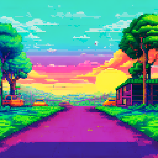 Purple sunset with green fields next to a highway with someone driving a pick up truck