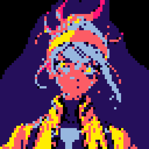 cyberpunk space trader sprite, pixel art, futuristic design, cybernetic arm with intricate detailing, glowing yellow-orange visor over the eyes, trench coat with glowing lines, blue and teal color palette with neon pink and yellow accents, distinct sci-fi aesthetic, confident posture, mid-step left first, left left bent and raised, arms extended, pixel art, sRGB