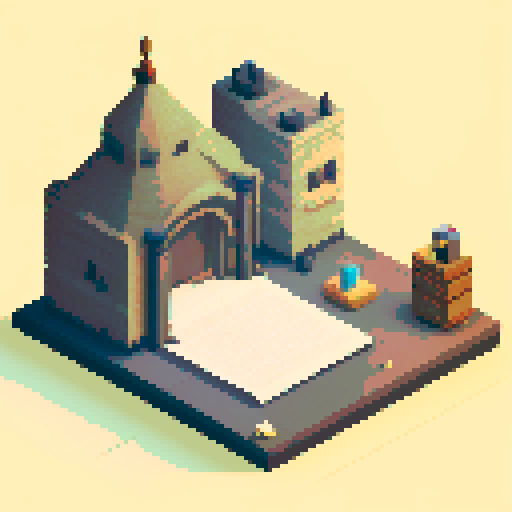 block, wooden interior, isometric, medieval, writing table, feather pen, ink, paper, papers, royal seal, law, dark