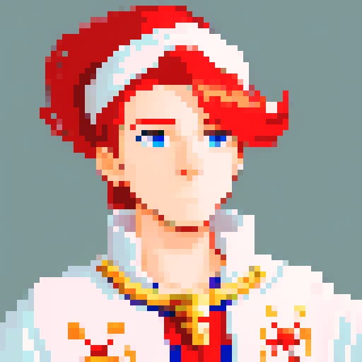 red headed male wizard with regal white robes, adorned with astrological symbols, in a pixel art style with vibrant sRGB colors