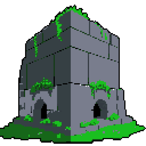 2d grey stone rubble in an ancient english style. Old and crumbling but still upright. Green vines crisscross it. Usable as an asset (clear, thick lines and a white background). Put a black stroke around the composition