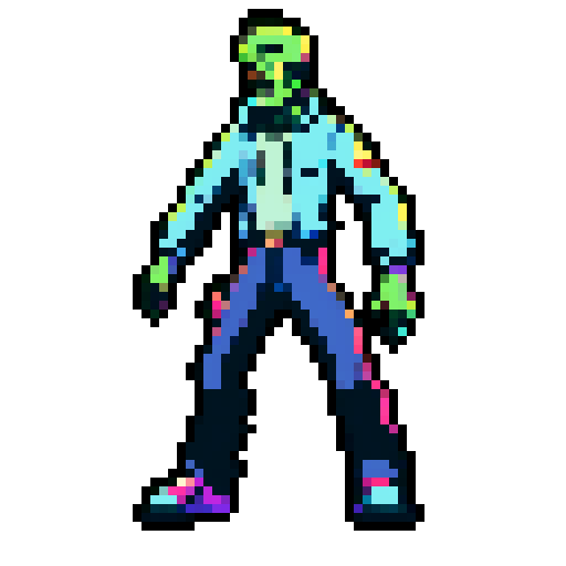 zombie, spread limbs, direct gaze, tilted table, sci-fi lightning conductors, pixel art, sRGB