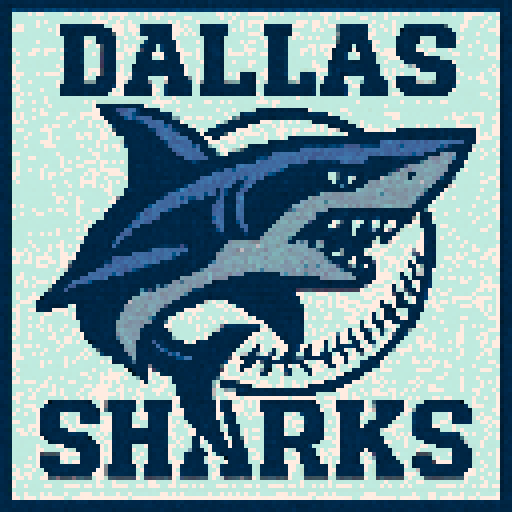 Pixel art of a fictional baseball team called the Dallas Sharks. dark blue, light gray, and white, sharp outlines, and soft pixel shading. The logo design mimics 80s MLB logos. Use a vibrant Sega Genesis 16-bit style with selective dithering, geometric forms, and nostalgic retro charm. Avoid modern gradients—keep it pure pixel art.