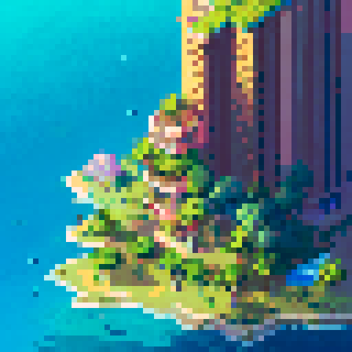 Palm trees sway in the hot wind, casting shadows on the gleaming glass facades of towering skyscrapers in Dubai that reach towards a bright blue sky, with a shimmering lake in the foreground, all rendered in a portrait pixel art style