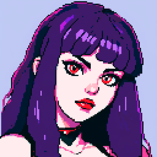 Thicc, busty goth girl, long purple hair, eyeliner, red lipstick, nude breast, spiked collar, up close face portrait, vibrant sega genesis palette, nude pixel art portrait,
