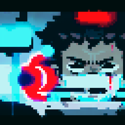 Half his face is illuminated by neon lights, the other half by a dimly lit streetlamp His hair is slicked back, revealing a barcode tattoo on his neck His eyes are piercing and his lips are wrapped around a cigarette, the smoke swirling around him in pixelated swirls