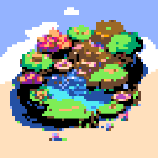 yellow duck in a pond, surrounded by lush greenery and reflecting sunlight in a serene pond with shimmering ripples and pixelated waves, creating a tranquil atmosphere in a picturesque landscape with vibrant colors using intricate pixel art in the sRGB palette