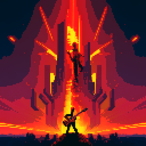 rock guitarist, dragon rider, fiery sky, futuristic city, guitar sword, pixel art, sRGB