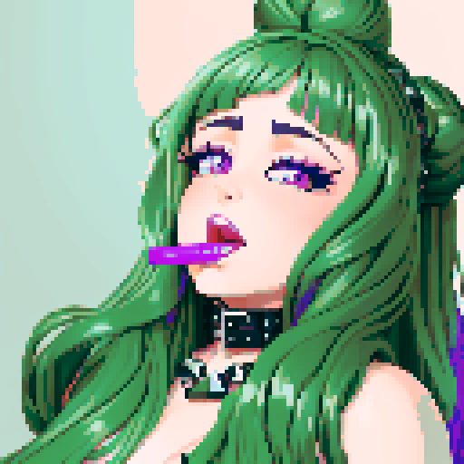 thicc, curvy, seductive busty goth babe with studded collar, long purple hair in buns, fishnet stockings, orgasmic aroused nude big titty goth in a nude sexy pose, pixel art, sRGB