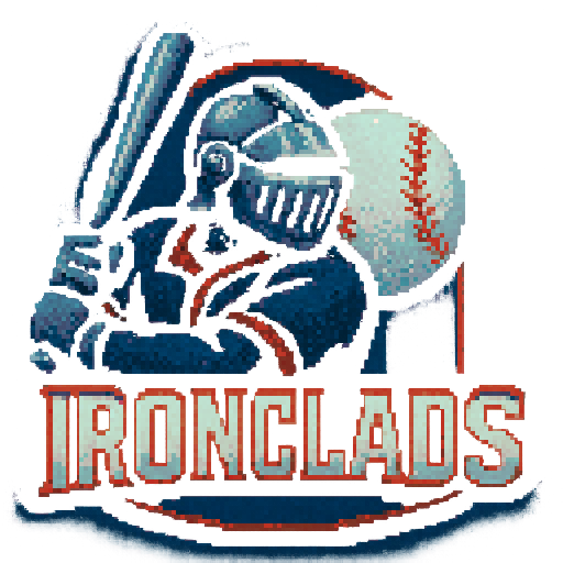 Pixel art of a fictional baseball team called the Ironclads. Dark blue, red and gray, sharp outlines, and soft pixel shading. The logo design mimics 80s MLB logos. Use a vibrant Sega Genesis 16-bit style with selective dithering, geometric forms, and nostalgic retro charm. Avoid modern gradients—keep it pure pixel art.