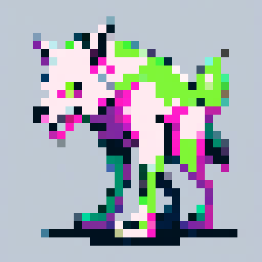 Corrupted plastic waste wolf, jagged synthetic textures, warped plastic patches, large head, glowing toxic green eyes, green goo dripping from mouth, exaggerated cartoon proportions, colorful, cartoony look, isometric perspective, crisp pixel resolution, fantasy RPG stylized, four legs visible in motion pose, sRGB palette