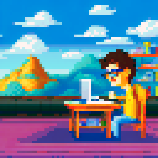 Curly-haired boy with glasses, sitting on a table, explaining something to me, while a front-facing Disney-style bookshelf serves as the background, all rendered in pixel art with a vibrant sRGB palette and a scenic landscape background