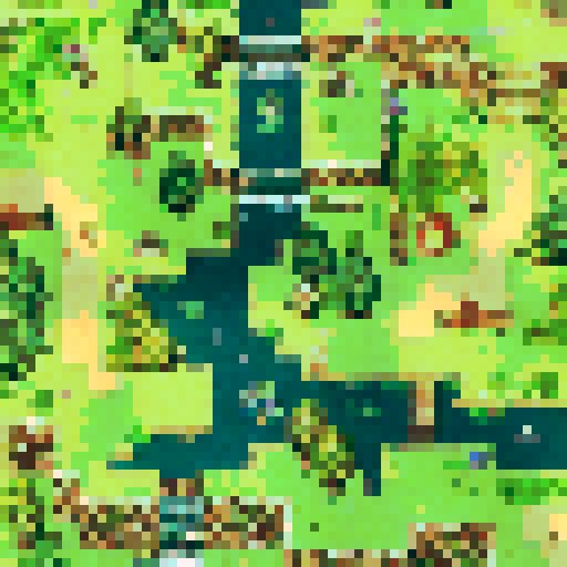 lush green foliage, towering trees with twisting branches, a winding path leading through the forest, vibrant wildflowers scattered along the trail, moss-covered rocks peeking out, a small wooden hut nestled among the trees, a cozy chimney releasing a wisp of smoke, a welcoming front porch adorned with potted plants, a babbling brook nearby, a wooden bridge crossing over the stream, a sense of tranquility and adventure in the air, a perfect landscape portrait for an RPG maker map