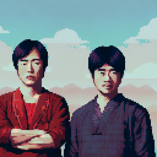 Japanese men, pixelated figures, vibrant colors, sRGB palette, intricate pixel art details, traditional clothing, serene background, peaceful landscape