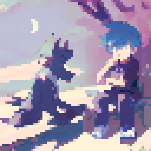 Wolf and man sitting on a bench at night with a moon in the sky