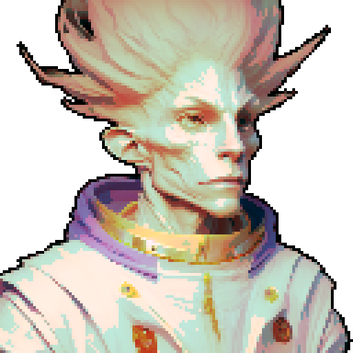 red headed male wizard with regal white robes, adorned with astrological symbols, in a pixel art style with vibrant sRGB colors