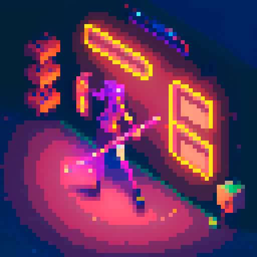 Street Mage anime girl with flowing hair, fluorescent tattoos, and a pixelated sniper rifle, navigating through a purple neon-lit night market and an sRGB glow
