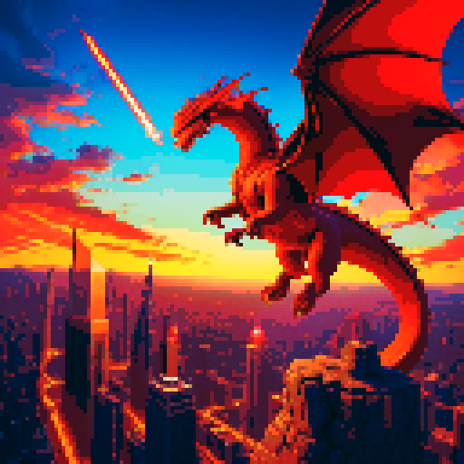 A rock guitarist riding a dragon, flying through a fiery sky above a futuristic city, brandishing his guitar like a sword