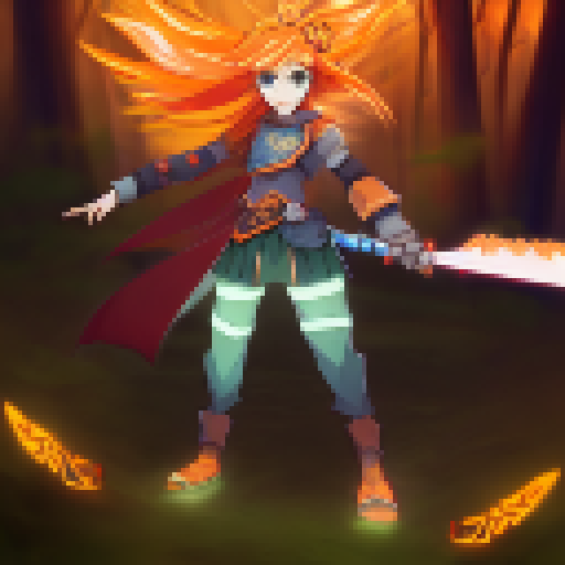 Orange-haired warrior portrait, wielding a glowing sword amidst a mystical forest, with dragons and magic runes in the background.