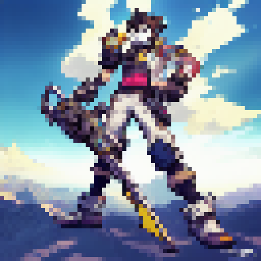 Zero from Borderlands 2, wielding his sword with fierce determination, stoically stares down at a plump, white chicken perched on his shoulder in a vibrant anime style.