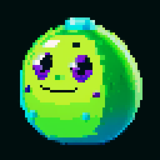 A dangerous slime with a toxic purple hue, emitting a faint glow. It has sharp, sinister eyes and a menacing expression, with toxic bubbles inside. No background.
