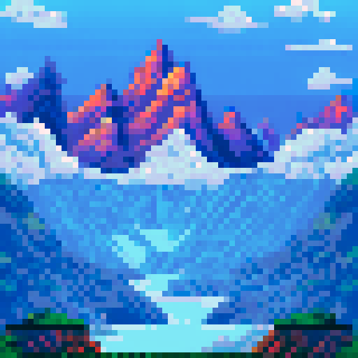 A towering mountain range, its jagged peaks piercing the clouds, set against a fiery sunset with a shimmering lake reflecting the warm hues, all in a pixel art style with a sRGB color palette
