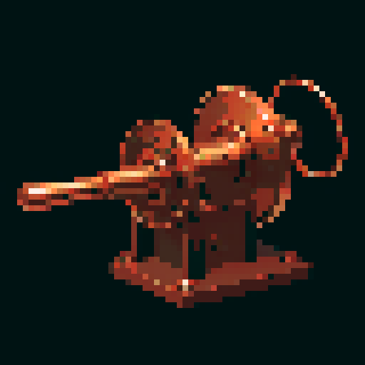 I want a copper rotary machine gun viewed head on from the right side. I want this object usable an asset in a videogame, meaning only one object per image, outlined with a strong black stroke, on a solid-color background.