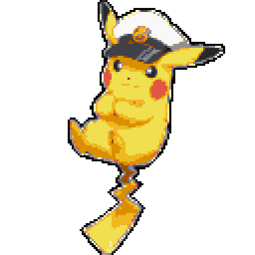 Create an image of Captain Pikachu standing balanced on his tail, showcasing agility. He wears a captain's hat tilted slightly forward over his narrowed eyes. A subtle smirk is on his face. Electric sparks crackle around his cheeks and tail. Focus on his physical details: the hat, the smirk, the tail-standing pose, and the electric sparks.